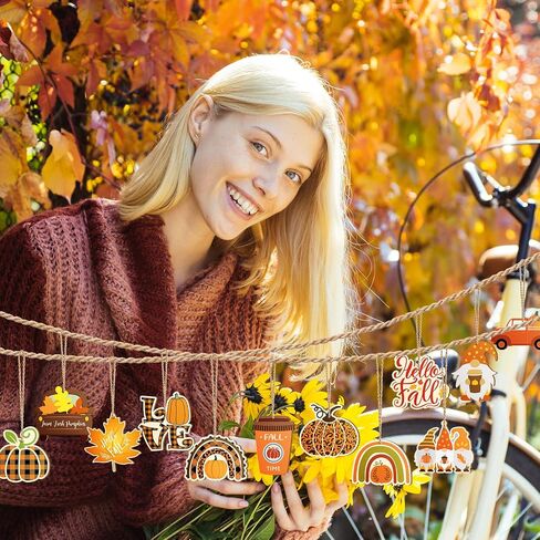 BBTO 36 Pack Fall Thanksgiving Wooden Ornaments Autumn Pumpkin Gnome Leaf Truck Cutouts Hello Decorations Hanging with Hole Ropes for Harvest Party (Exquisite), Yellow,Orange,Brown in Saudi Arabia