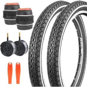 MEGHNA Bike Tire 20/24/26 x 2.125 inch Mountain Bike Tire with Bike Tube A/V 48mm & Tire Lever White Wall Foldable Tire Replacement for Cruiser Bike Kids Bike Mountain Bike Folding Bike City Bike