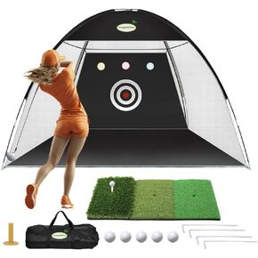 Golf Practice Net,10x7ft All-in-One Indoor/Outdoor for Backyard Driving, Swing Training, Chipping, Includes Tri-Turf Golf Mat/Targets/5 Balls/Portable Bag, Gifts for Men/Husband/Dad, Black