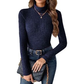 Womens Long Sleeve Turtleneck Tops Ribbed Thermal Underwear Shirt Slim Fit Fall Pullover Sweater