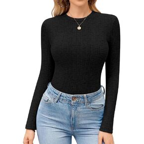 Ekouaer Womens Long Sleeve Ribbed Shirts Trendy Fitted Tops Stretch Thermal Under Scrub Crew Neck Soft Fleece Basic Layering