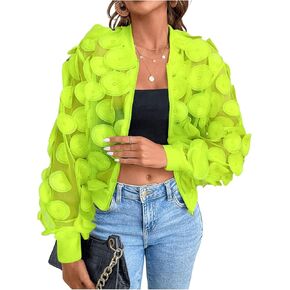 Floerns Women's Sheer Mesh Zip Up Bomber Jacket Long Sleeve Baseball Collar Outwear Tops