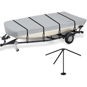 Waterproof Jon Boat Cover with Adjustable Support System, 420D Heavy Duty Trailerable Jon Boat Cover Waterproof UV Proof All Weather Protection (12-14FT)