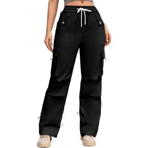 High Waisted Wide Leg Parachute Pants Women Y2K Quick Dry Elastic Waist Lightweight Hiking Cargo Pants with Pockets