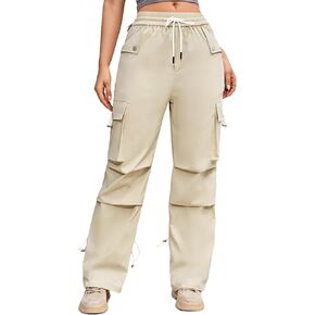 High Waisted Wide Leg Parachute Pants Women Y2K Quick Dry Elastic Waist Lightweight Hiking Cargo Pants with Pockets