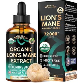 Lions Mane Liquid - USDA Certified Organic Lions Mane Supplement - Brain Support, Energy, Memory & Focus - Sugar & Alcohol-Free Lions Mane Mushroom Extract 72,000 mg / Bottle - 2 Fl OZ, 2 Month Supply