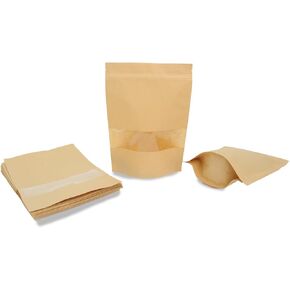 Eco-Friendly Kraft Paper Bags with Window, 6.3"x8.6" - 100 Pcs, Large Reusable, Moisture-Proof Ziplock Pouches for Bulk Food, Bakery, and Business Packaging