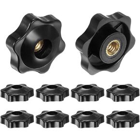HARFINGTON 12pcs Star Knobs 1/4-20 Female Thread 1.5" (38mm) 6-Point Plastic Head Brass Insert Through Hole Screw-in Threaded Hand Knob Clamping Handle, Black