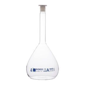 EISCO Volumetric Flask, 5000ml - Class A - 34/35 Polyethylene Stopper, Borosilicate Glass - Blue Graduation, Tolerance ±1.200