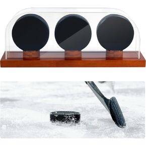 Hockey Puck Display Case for 3 Pack in One, Clear Hockey Puck Holder with Wood Base and Dustproof Cover, Ideal Display Box for Collections