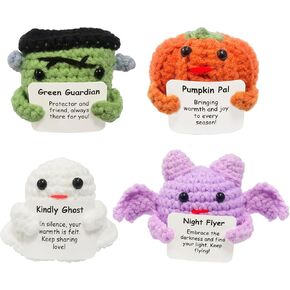 4 Psc Mini Funny Knitted Wool Halloween Toy with Positive Card - Creative Cute Crochet Doll Cheer Up Gift for Kids Girls Boys Parties Halloween Decoration Party Favor