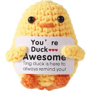 TOYMIS Positive Duck, Cute Crochet Duck with Card Creative Handmade Pocket Knitted Duck Doll Emotional Support Crochet Animals Cheer Up Gift for Decorations Birthday Party Gift