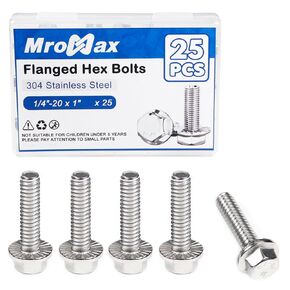 MroMax 20Pcs 1/4"-20 Flanged Hex Bolts, 1/4"-20 x 1-1/4" (A2-70) 304 Stainless Steel Fully Threaded UNC Flanged Hex Head Screws Bolts for Mounting Motorcycle, Bicycle, Pump, Boat and Car
