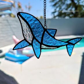 Handcrafted Whale Decor Stained Glass Window Hanging,Beach Sun Catchers Stained Glass Window Hanging Decor,Suncatchers with Metal Chain - Gifts for Whale Lovers,Women