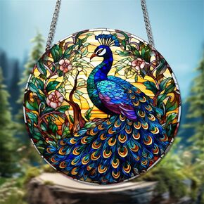 Peacock Round Stained Acrylic Window Hanging Panels Plants Flower Indoor Outdoor Windows Hanger Kitchen Bedroom Office Garden Wall Art Decor Gifts for Women Mom Grandma Teacher