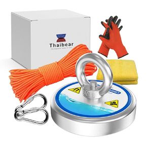 Thaibear Magnet Fishing Kit, 700 lbs Single Sided Magnetic Fishing Kit with Rope, Carabiner, Gloves - Super Strong Neodymium Fishing Magnet for Retrieving, Salvage in Rivers - Diameter 2.95 inch