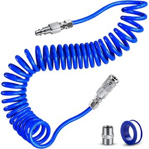 25 FT Repairable PU Recoil Air Hose, Industrial Air Compressor Hose with 1/4" NPT Quick Coupler and I/M Plug Air Fittings Kit, 150 PSI Max Air Tool Hose