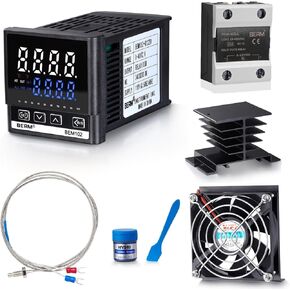 BERM-Series100~240VAC PID Temperature Controller Kit Equipped with K-Type Thermocouple,Solid State Relay(40DA DC to AC)Heat Sink, Cooling Fan with Bracket and Protective Grille Thermal Grease