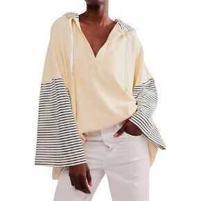 LifeShe Oversized Striped Hoodies for Women Long Sleeve Drawstring Sweatshirt Loose Patchwork Pullover Tops