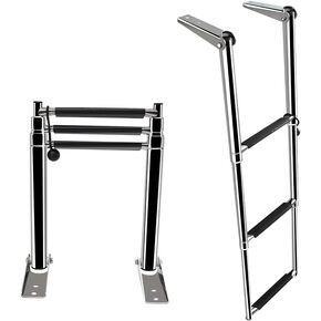 Stainless Steel Telescoping Folding Ladder Rear Entry Inboard Ladder All Welded Reinforce Dock Ladder Swim Deck Ladder with Wide Steps and Strong Handrails (3 Steps)