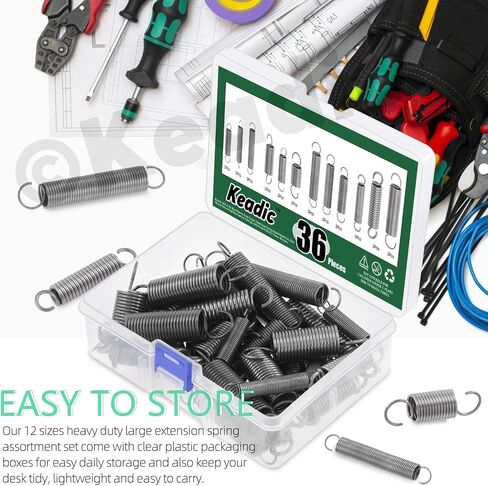 Keadic 36Pcs 12 Sizes Heavy Duty Large Extension Spring Assortment Set, Zinc Plated Wire-Metal Mechanical Springs with Hook Ends for Home Repairs in Saudi Arabia