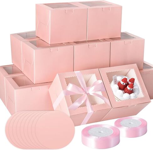 KPOSIYA 20pcs Pink Cake Boxes with Cake Boards,12x12x6 inch Bakery Boxes with Window,Square Cardboard Cake Containers, Cake box 12inch for Birthday Party Wedding in Saudi Arabia