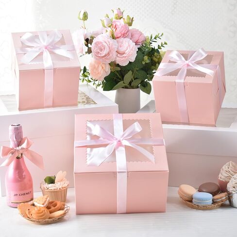 KPOSIYA 20pcs Pink Cake Boxes with Cake Boards,12x12x6 inch Bakery Boxes with Window,Square Cardboard Cake Containers, Cake box 12inch for Birthday Party Wedding in Saudi Arabia