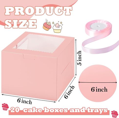 KPOSIYA 20pcs Pink Cake Boxes with Cake Boards,12x12x6 inch Bakery Boxes with Window,Square Cardboard Cake Containers, Cake box 12inch for Birthday Party Wedding in Saudi Arabia