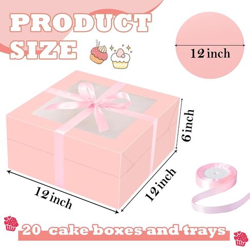 KPOSIYA 20pcs Pink Cake Boxes with Cake Boards,12x12x6 inch Bakery Boxes with Window,Square Cardboard Cake Containers, Cake box 12inch for Birthday Party Wedding in Saudi Arabia