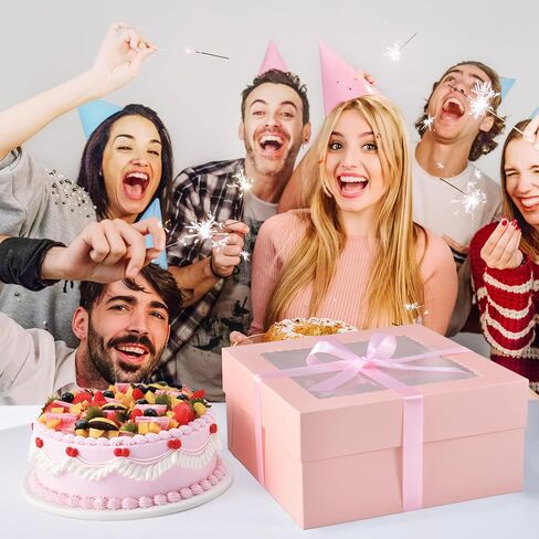KPOSIYA 20pcs Pink Cake Boxes with Cake Boards,12x12x6 inch Bakery Boxes with Window,Square Cardboard Cake Containers, Cake box 12inch for Birthday Party Wedding in Saudi Arabia