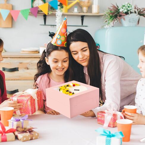 KPOSIYA 20pcs Pink Cake Boxes with Cake Boards,12x12x6 inch Bakery Boxes with Window,Square Cardboard Cake Containers, Cake box 12inch for Birthday Party Wedding in Saudi Arabia