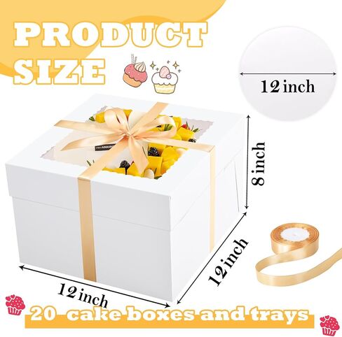KPOSIYA 20pcs Pink Cake Boxes with Cake Boards,12x12x6 inch Bakery Boxes with Window,Square Cardboard Cake Containers, Cake box 12inch for Birthday Party Wedding in Saudi Arabia