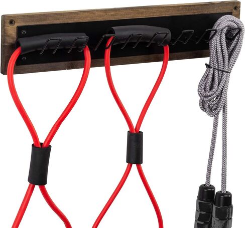 MyGift Rustic Burnt Wood Exercise Equipment Storage Rack with 8 Black Metal Hooks, Wall Mounted Home Gym Hanging Organizer for Stretch Bands, Jump Ropes, Resistance Cords in Saudi Arabia