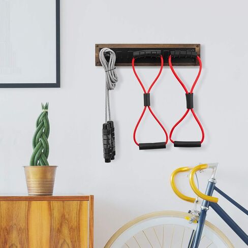 MyGift Rustic Burnt Wood Exercise Equipment Storage Rack with 8 Black Metal Hooks, Wall Mounted Home Gym Hanging Organizer for Stretch Bands, Jump Ropes, Resistance Cords in Saudi Arabia