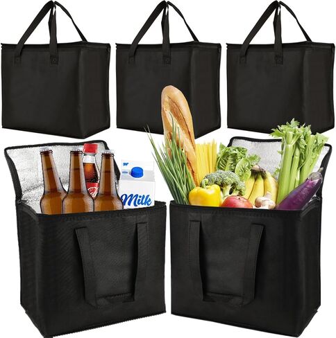 Acrux7 5 Pack Insulated Grocery Bags for Food Delivery, 12.6x8x12.6 inch Foldable Cooler Bag Freezer Tote with Zippered Top, Reusable Shopping Bags for Hot & Cold Food, Stands Upright (Black) in Saudi Arabia