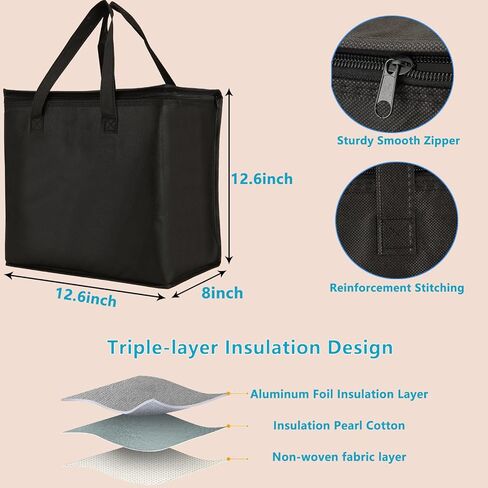Acrux7 5 Pack Insulated Grocery Bags for Food Delivery, 12.6x8x12.6 inch Foldable Cooler Bag Freezer Tote with Zippered Top, Reusable Shopping Bags for Hot & Cold Food, Stands Upright (Black) in Saudi Arabia