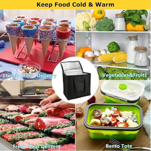 Acrux7 5 Pack Insulated Grocery Bags for Food Delivery, 12.6x8x12.6 inch Foldable Cooler Bag Freezer Tote with Zippered Top, Reusable Shopping Bags for Hot & Cold Food, Stands Upright (Black) in Saudi Arabia