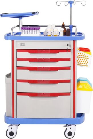 VEVOR 5 Tiers Lab Carts, Lab Utility Cart with 5 Drawers & 4 Silent Wheels, Mobile Medical Cart with PP Material, Lab Rolling Cart with 2 Trash Cans for Lab, Clinic, Hospital, Salon, Blue in Saudi Arabia