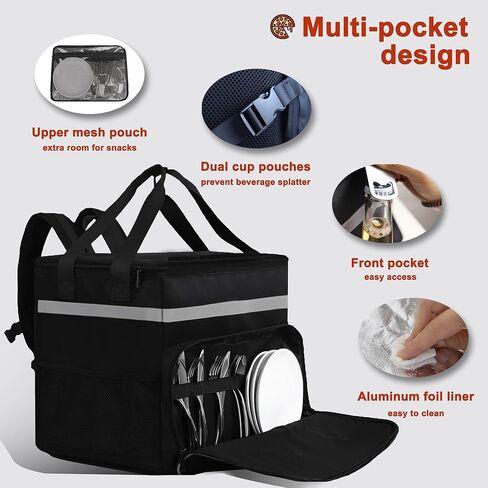 حقيبة ظهر لتوصيل الطعام للساخن/البارد، أكياس بيتزا كبيرة جدًا معزولة قابلة للتوسيع بسعة 58 لتر لتوصيل الدراجة مع شريط عاكس لأكل Uber، Grubhub، Doordash in Kuwait