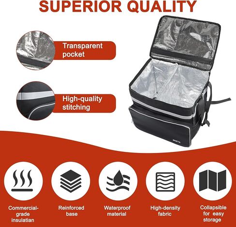 حقيبة ظهر لتوصيل الطعام للساخن/البارد، أكياس بيتزا كبيرة جدًا معزولة قابلة للتوسيع بسعة 58 لتر لتوصيل الدراجة مع شريط عاكس لأكل Uber، Grubhub، Doordash in Kuwait