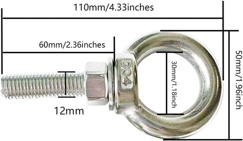 Heavy Duty Eye bolt, 2 PCS M12 304 Stainless Steel Eye Bolt Heavy Duty Lifting Ring 2.36" Threaded Eyebolt Shoulder Eye Bolts with Nuts and Flat Washers(Thread Length 60mm) in Saudi Arabia