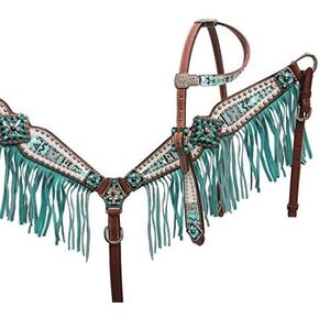 Showman Headstall & Breast Collar Set w/Teal Aztec Print, Suede Fringe & Bejeweled Hardware