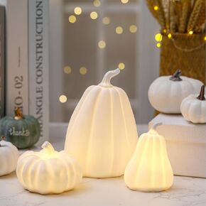 Domensi 3 Pcs Lighted Ceramic Pumpkin Decorations Fall Thanksgiving Pumpkin Table Centerpiece Gifts, Porcelain White Pumpkin Figurines for Indoor Harvest Tabletop Autumn Christmas Winter Decor