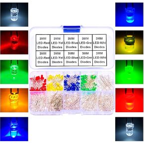 3mm LED Diode Lights Assorted Kit, 300 Pcs M3 LED Light Diodes 10 Types LED Diode White/Red/Green/Blue/Yellow Lights Emitting Diode Round Assorted Kit (M3-LED-Kit)