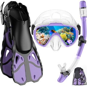 Snorkel Set with Fins for Adults, Snorkeling Gear for Adults Men and Women, Snorkle, Mask Set Adults Dry Top Snorkel Mask Combo Set with Travel Bag for Snorkeling, Diving, Swimming