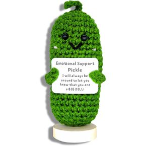 Cucumber Crochet Doll With Base - Handmade Emotional Support Pickle Gift Inspirational Gifts for Friends, Family, Women, Coworkers Cute - Funny Knitted Cheer-Up Room Desk Decor