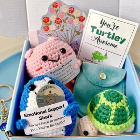 Funny Positive Crochet Animal Set, 3PCS Cute Knitted Dolls - Shark, Turtle, Octopus with Pocket Hug Token, Greeting Card, and Keychain - Handmade Emotional Support Gift for Women, Men, Friend