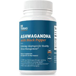 Dr. Tobias Ashwagandha Capsules, 1300mg Organic Ashwagandha Root Extract Per Serving with Black Pepper, Calming Adaptogen, Energy & Focus Supplement, 60 Vegetarian Capsules