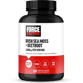 FORCE FACTOR Irish Sea Moss + Beet Root Supplement to Support Immunity, Circulation, Natural Energy, Heart Health, with Antioxidants, Non-GMO, Vegan-Friendly, Soy-Free, 120 Vegetable Capsules