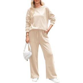 Dokotoo Women's Cotton 2 Piece Outfits Sweatsuit Casual Fall Long Sleeve Knit Tops And Pants Lounge Sets